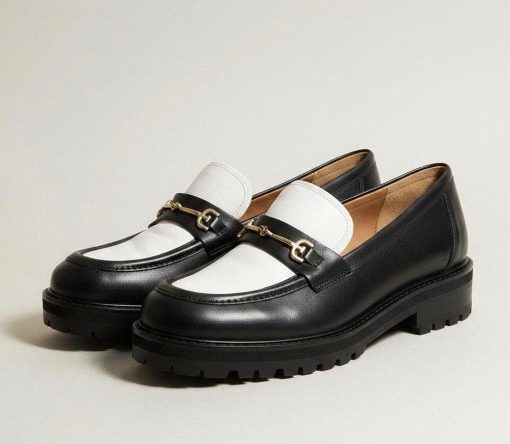Sam Edelman Tully Black/White Shiny Slip On Chunky Lug Sole Almond Toe Loafers 9